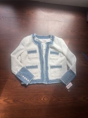NWT Nanette Lepore Denim Trim Bouclé Tweed Jacket Size M Cream Blue